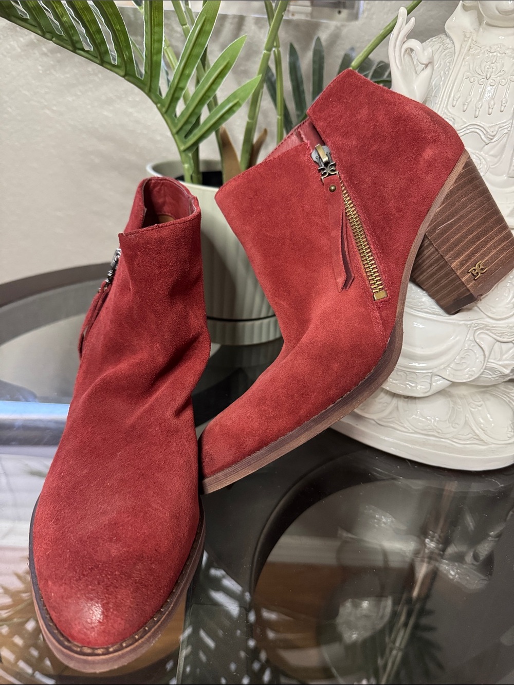 Sam Edelman Red Suede Ankle Booties with Stacked Heel